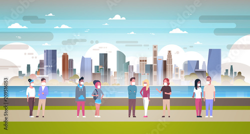 mix race people group full length over nature air pollution city landscape plant pipe dirty waste water polluted environment atmosphere flat vector illustration