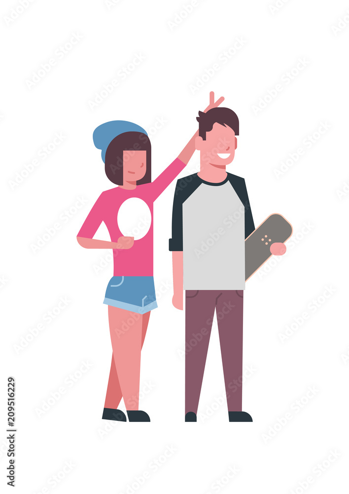 sister hold horns brother skateboard full length avatar on white background, successful family concept, flat cartoon vector illustration
