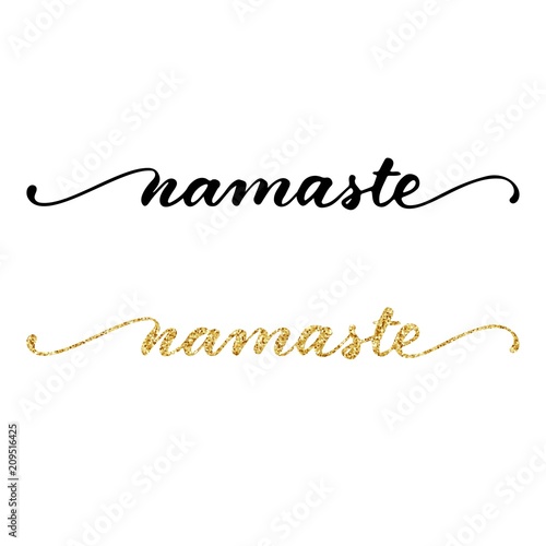 Namaste indian greeting, hand drawn lettering with golden glitter texture and black ink brush calligraphy. Vector illustration.