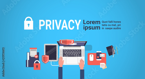hand laptor GDPR isometric data privacy on blue background network protection of personal storage General Data Protection Regulation concept banner copy space vector illustration photo