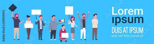 business people holding empty boards and shouting at the strike action blue background protection of personal data storage General Data Protection Regulation GDPR concept banner copy space vector