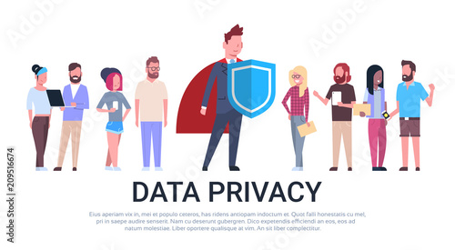 man shield mix race team GDPR data privacy on white background network protection of personal storage General Data Protection Regulation concept banner copy space vector illustration