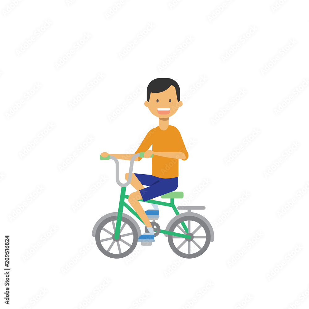 Obraz premium young boy on bicycle over white background. cartoon character. full length flat style vector illustration