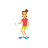 young girl riding electro scooter over white background. cartoon full length character. flat style vector illustration