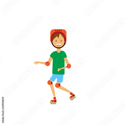 young boy rolling helmet elbow knee pads on white background. full length cartoon character. flat style vector illustration
