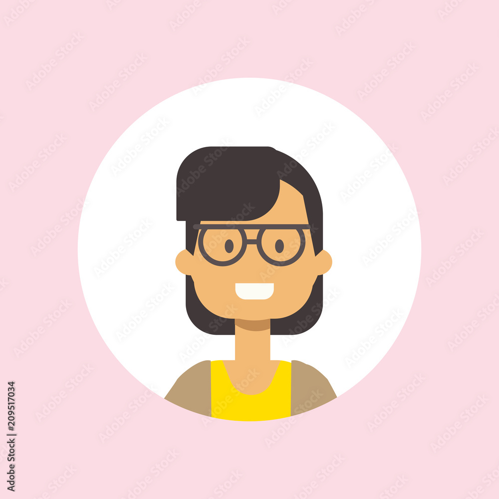 cute woman face happy girl glasses portrait on pink background, female avatar flat vector illustration