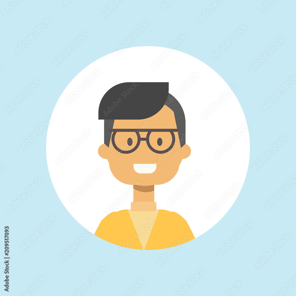 cute casual face happy man portrait on blue background, male avatar flat vector illustration