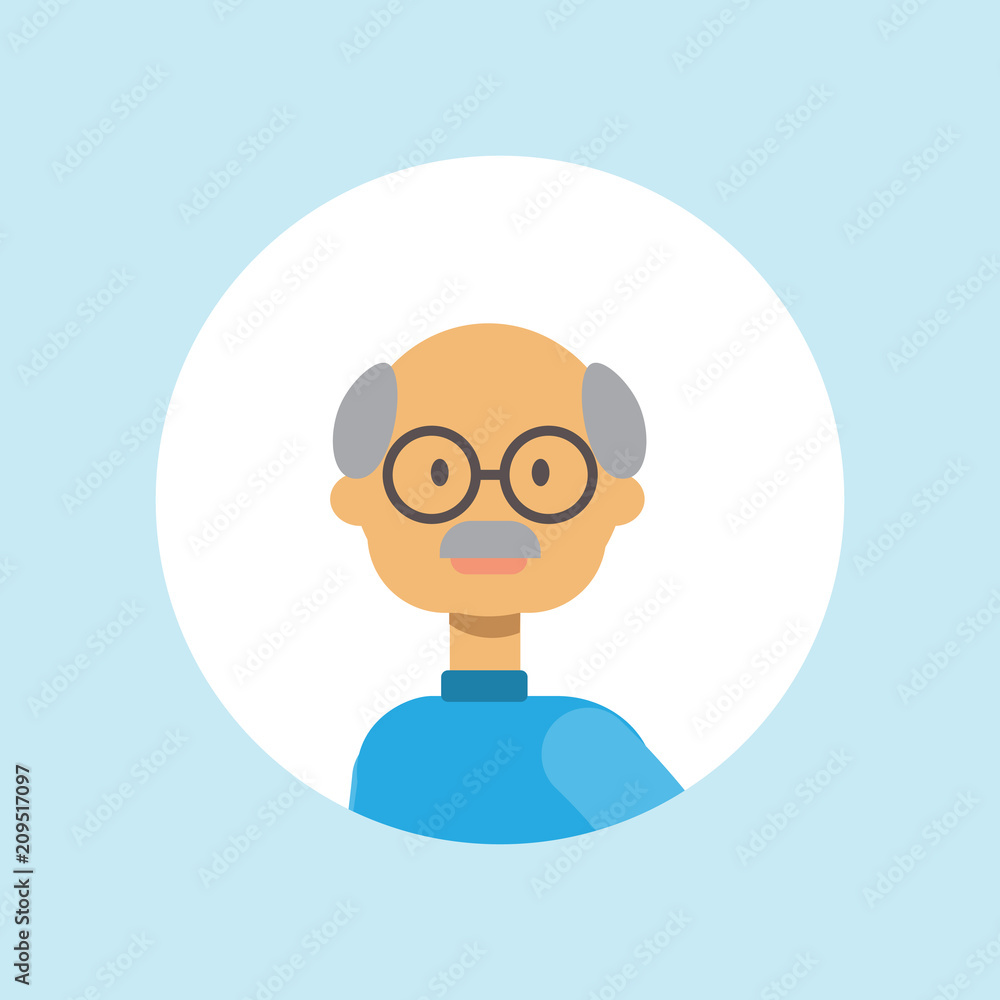 cute casual grandfather face happy man portrait on blue background, male avatar flat vector illustration