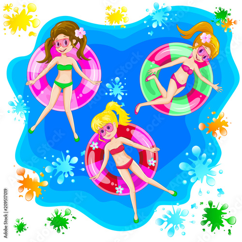 Girls swim with an inflatable circle. Little girls are swimming with an inflatable circle