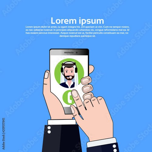 phone application hand hold gudget arab call center headset agent man bubble client support online operator, muslim customer and technical service icon, chat concept, copy space flat design vector