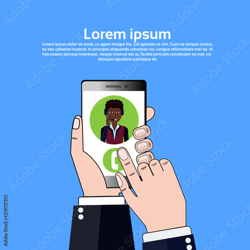 phone application hand hold gudget african call center headset agent woman bubble client support online operator, customer and technical service icon, chat concept, copy space flat design vector