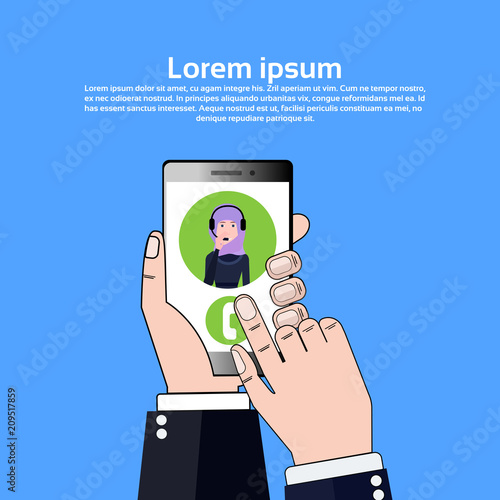 phone application hand hold gudget arab call center headset agent woman bubble client support online operator, customer and technical service icon, chat concept, copy space flat design vector