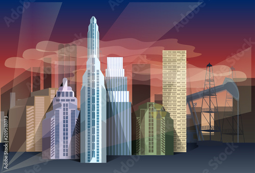 night city skyscraper view nature pollution over cityscape background skyline flat vector illustration