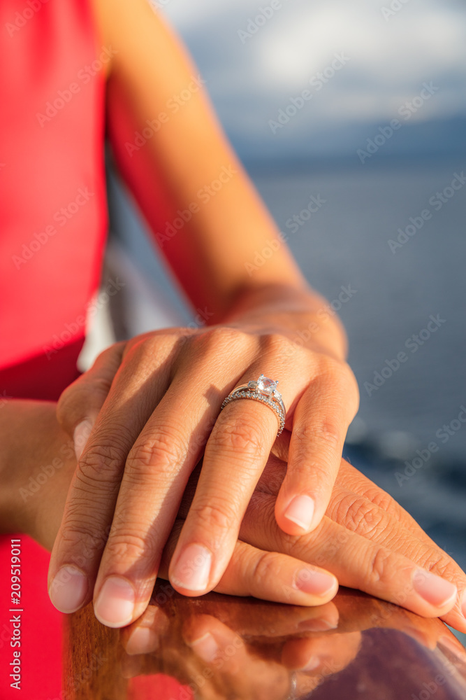 Wedding ring woman hands on newlyweds honeymoon. Engagement ring with white  diamond and wedding band set. Travel vacation luxury getaway. Stock Photo |  Adobe Stock