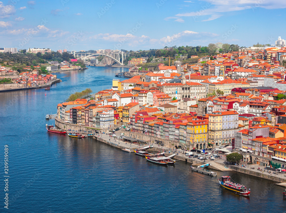 View on the historical part of Porto and the Douro river in. sunny spring morning, Portugal.