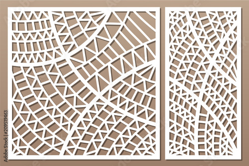 Set decorative card for cutting. Geometric ethnic pattern. Laser cut panel. Ratio 1:1, 1:2. Vector illustration.