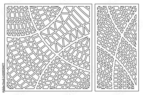 Set decorative card for cutting. Geometric ethnic pattern. Laser cut panel. Ratio 1:1, 1:2. Vector illustration.