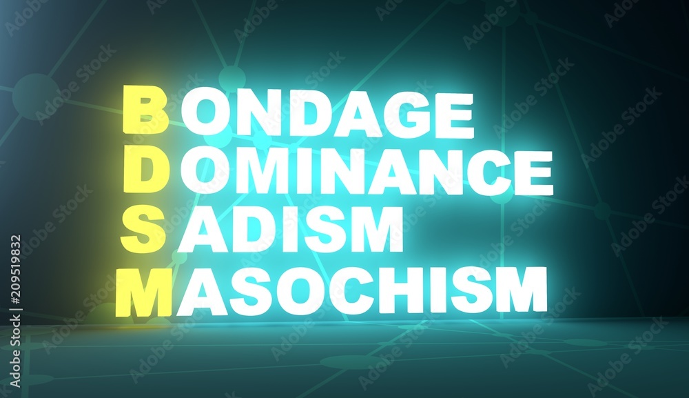 Acronym BDSM - Bondage, Dominance, Sadism amd Masochism. Technology conceptual image. 3D rendering. Neon bulb illumination