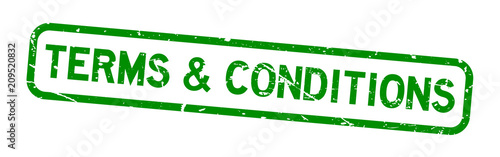 Grunge green terms and conditions square rubber seal stamp on white background