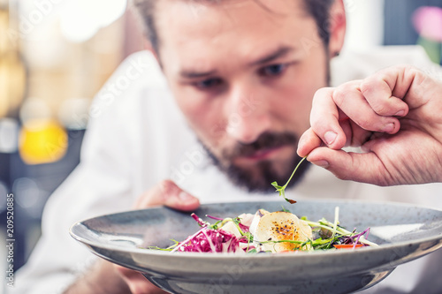 Chef in hotel or restaurant kitchen preparing food. photo