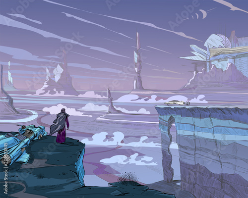 Fantastic city desert. Concept art illustration. Sketch gaming design. Fantastic vehicles,mountains, people. Hand drawn vector painting. 