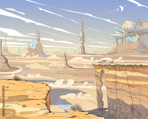 Fantastic city desert. Concept art illustration. Sketch gaming design. Fantastic vehicles, mountains, people. Hand drawn vector painting. 