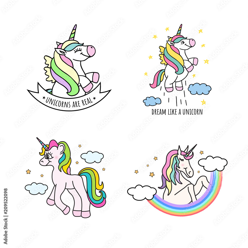 Set of cute hand drawn unicorns. Vector illustration of funny doodle unicorns