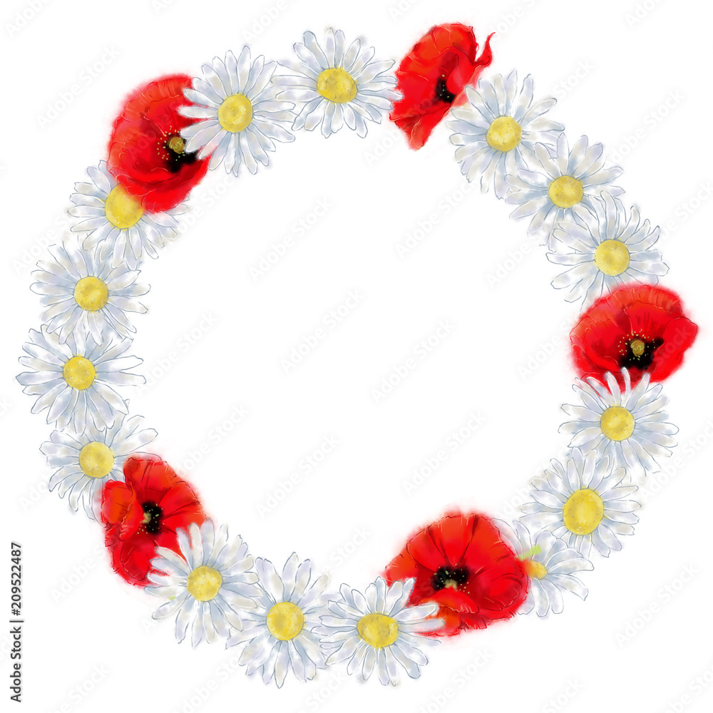 Daisy and Poppy Round Wreath Isolated on White. Watercolor Floral Frame with Text Copy Space. Wildflower Wreath for Invitation, Card, Announcement, Advertising, Promotion, Flyer etc. Daisy and Poppy Round Wreath Isolated on White. Watercolor Floral Frame with Text Copy Space. Wildflower Wreath for Invitation, Card, Announcement, Advertising, Promotion, Flyer etc.