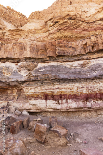 detail of a small cliff in the bottom of the ramon crater in israel showing geological strata