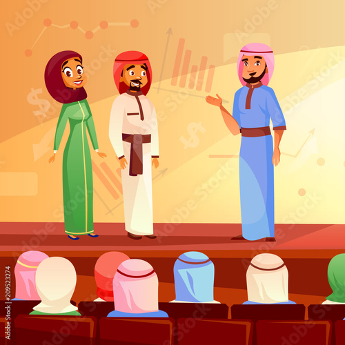 Muslim people at conference vector illustration of Saudi Arabian man and woman in khaliji and hijab. Audience at business interview presentation and speaker on stage with infographic background