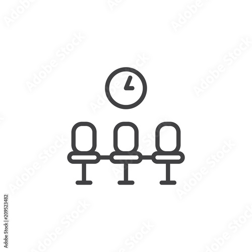 Waiting room outline icon. linear style sign for mobile concept and web design. Chairs and wall clock simple line vector icon. Symbol, logo illustration. Pixel perfect vector graphics