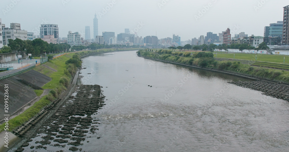 Taipei city river side under air pollution