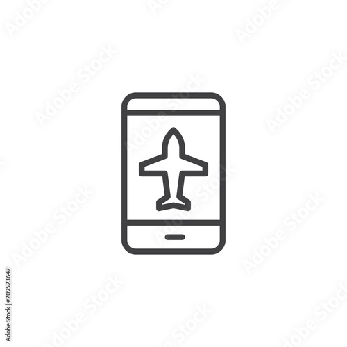 Smartphone with plane outline icon. linear style sign for mobile concept and web design. e-ticket phone app simple line vector icon. Symbol, logo illustration. Pixel perfect vector graphics