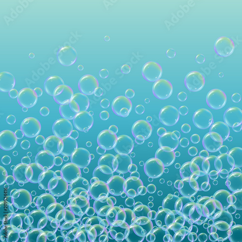 Soap foam on gradient background. Realistic water bubbles 3d. Cool rainbow colored liquid foam with shampoo bubbles. Cosmetic flyer and invite. Soap for bath and shower. Vector EPS10.
