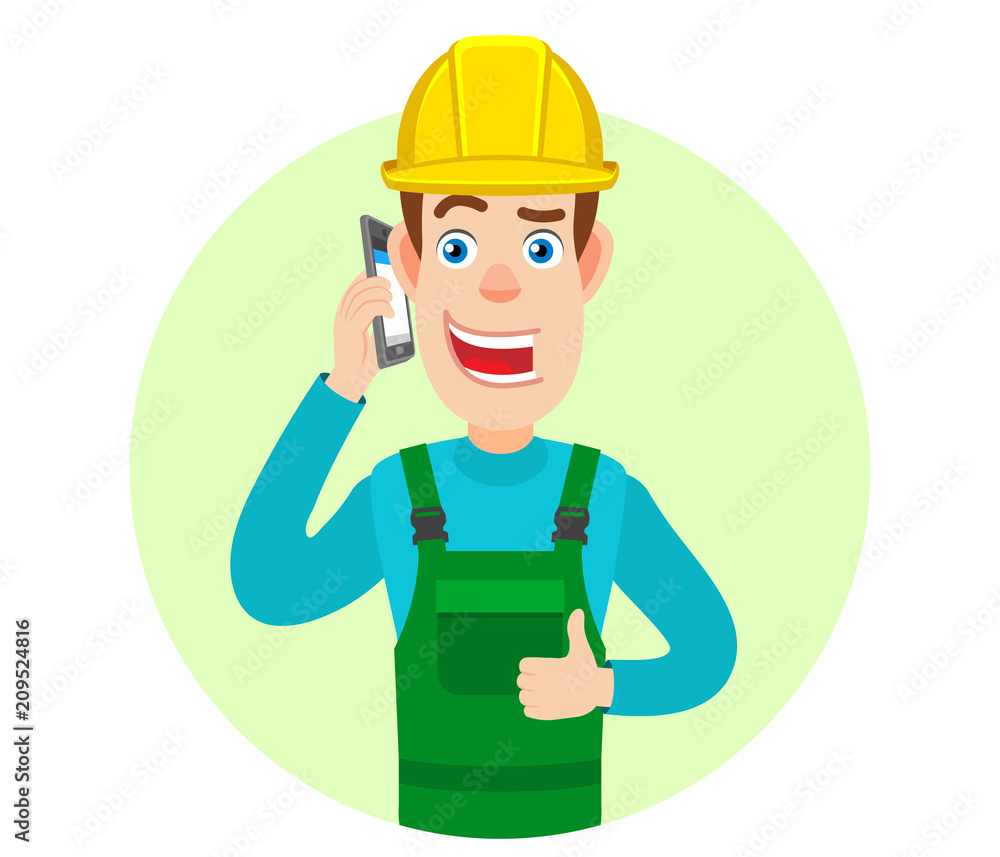 Builder talking on mobile phone and showing thumb up Builder talking on mobile phone and showing thumb up