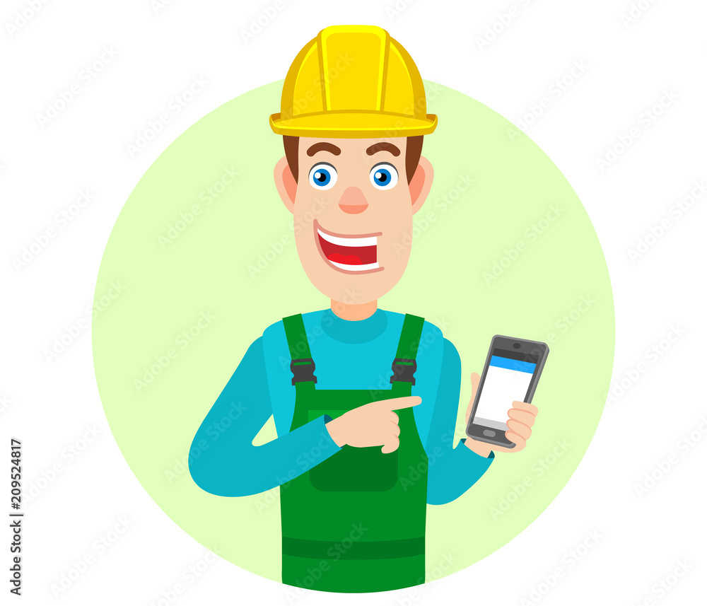 Builder pointing at mobile phone in his hand