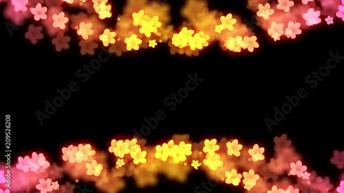 Abstract bokeh light sparkles Sahura flower or Cherry blossom pattern pink and yellow gradient color illustration on black background, seamless looping animation 4K with center copy space