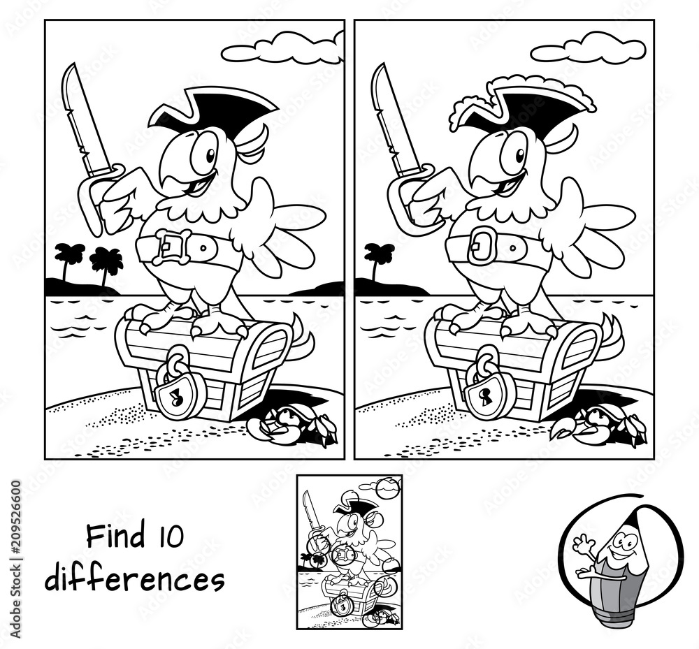 Obraz premium Papuga pirat z kordelasem na skrzyni skarbów. Znajdź 10 różnic. Gra edukacyjna dla dzieci. Ilustracja wektorowa czarno-biały rysunek