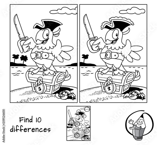 Pirate parrot with a cutlass staying on a treasure chest. Find 10 differences. Educational game for children. Black and white cartoon vector illustration