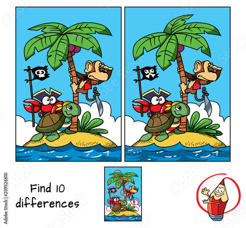 Pirates island. A monkey on a palm tree, a turtle and a funny crab with a pirate flag. Find 10 differences. Educational game for children. Cartoon vector illustration