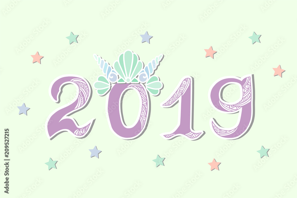 Vector Illustration 2019 with Merimaid's Sea Shell Crown as Happy New Year postcard, party invitation, postcard motive, Merry Christmas card. Vector Illustration 2019 with Merimaid's Sea Shell Crown as Happy New Year postcard, party invitation, postcard motive, Merry Christmas card.