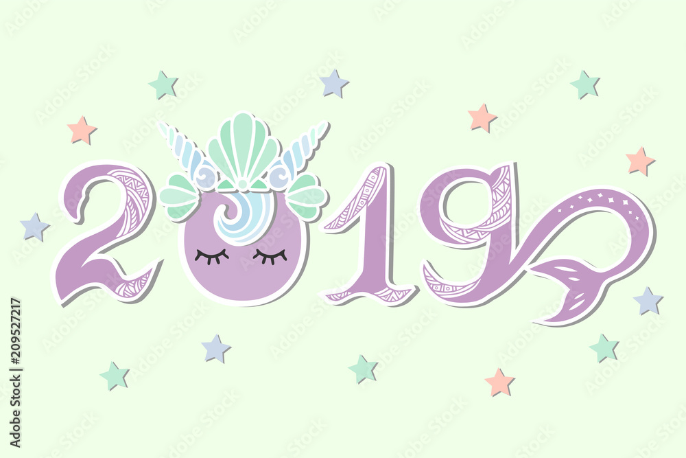 Vector Illustration with 2019, Merimaid tail and Sea Shell Crown as Happy New Year postcard, party invitation, postcard motive, Merry Christmas card. Vector Illustration with 2019, Merimaid tail and Sea Shell Crown as Happy New Year postcard, party invitation, postcard motive, Merry Christmas card.