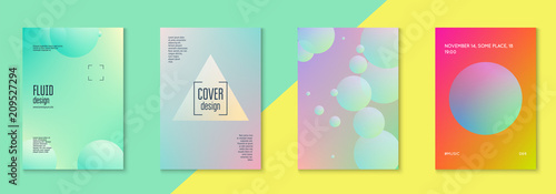 Holographic fluid set with circles. Geometric shapes on gradient background. Modern hipster template for placard, presentation, banner, flyer, brochure. Minimal holographic fluid in neon colors.