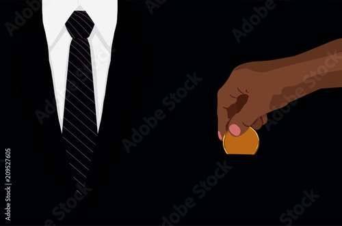 Hand dropping putting golden coin in to bark navy blue brazer pocket clean vector illustration finance money saving concept