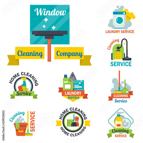 Cleaning service emblems labels design home household symbol work brush vector illustration.