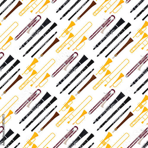 Wind musical instruments tools acoustic musician equipment orchestra seamless pattern background vector illustration