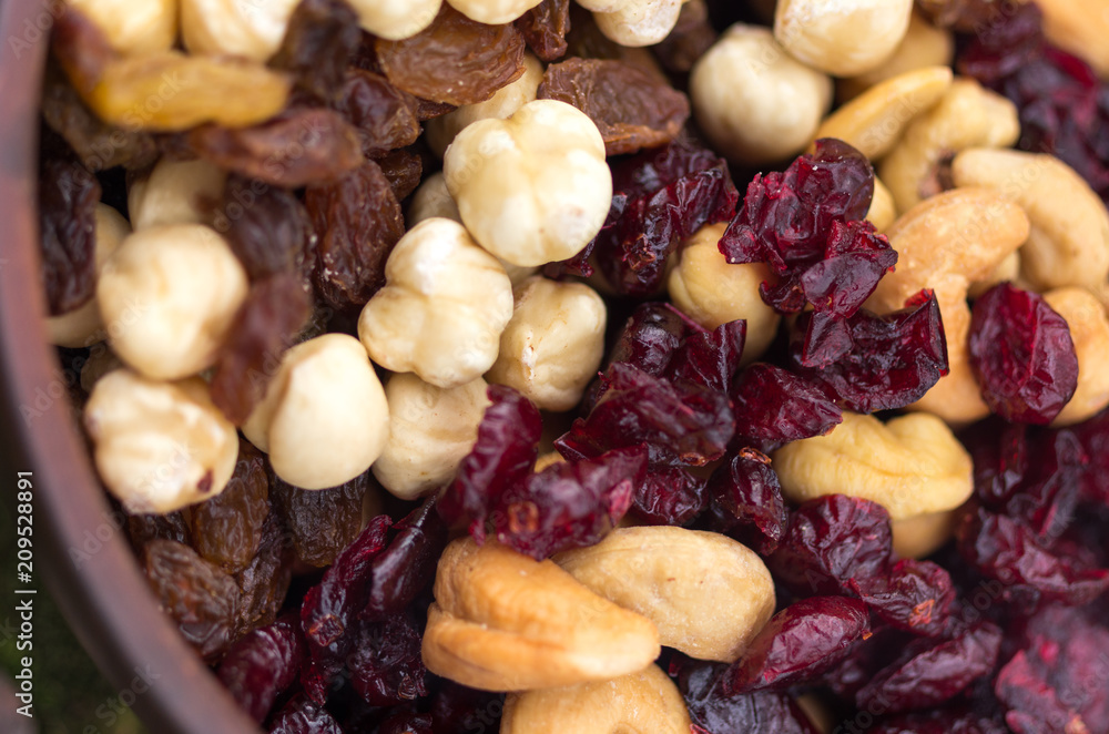 Dried hazelnuts, cashews, almonds and raisins. Dried hazelnuts, cashews, almonds and raisins.