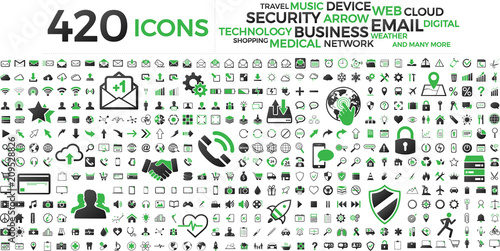 Black and green web business technology icons set