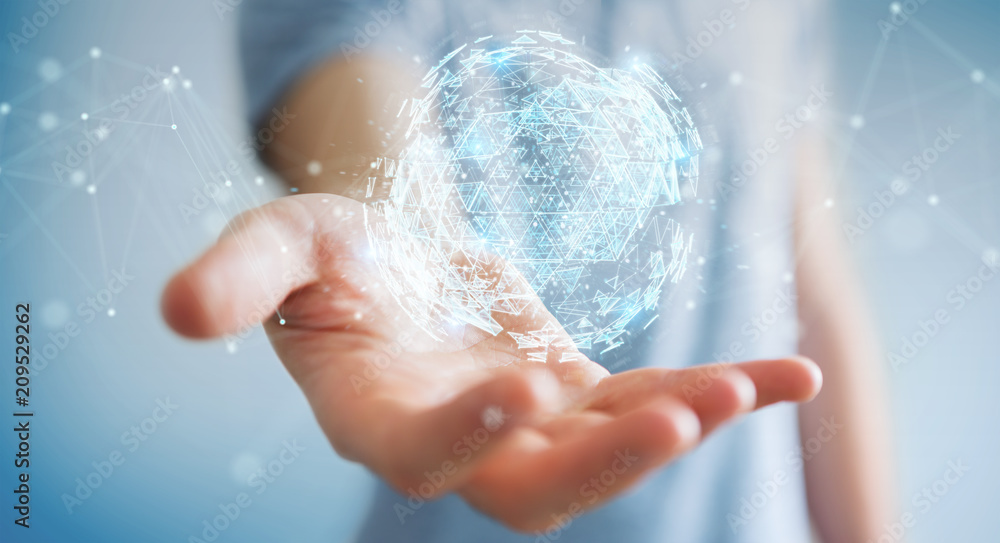 Fototapeta premium Businessman using digital triangle exploding sphere hologram 3D rendering