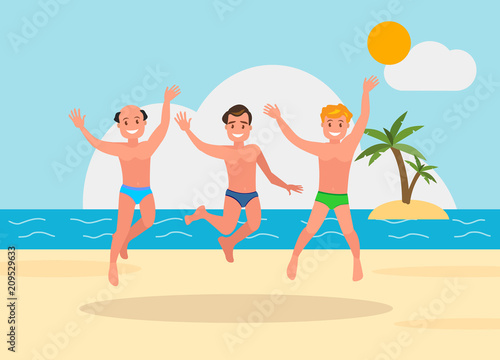 Three young men jumping on the beach background.
